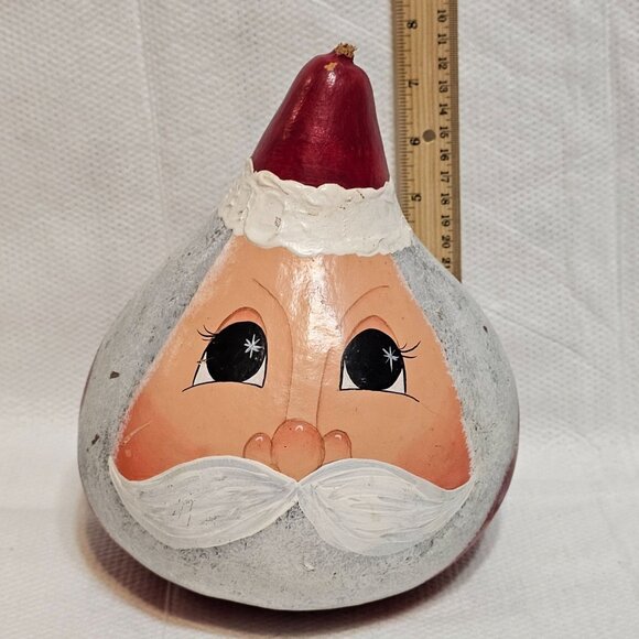 Hand Painted Whimsical Folk Art Christmas Santa Face Gourd Red 8” Tall x 7” Wide - Picture 11 of 13